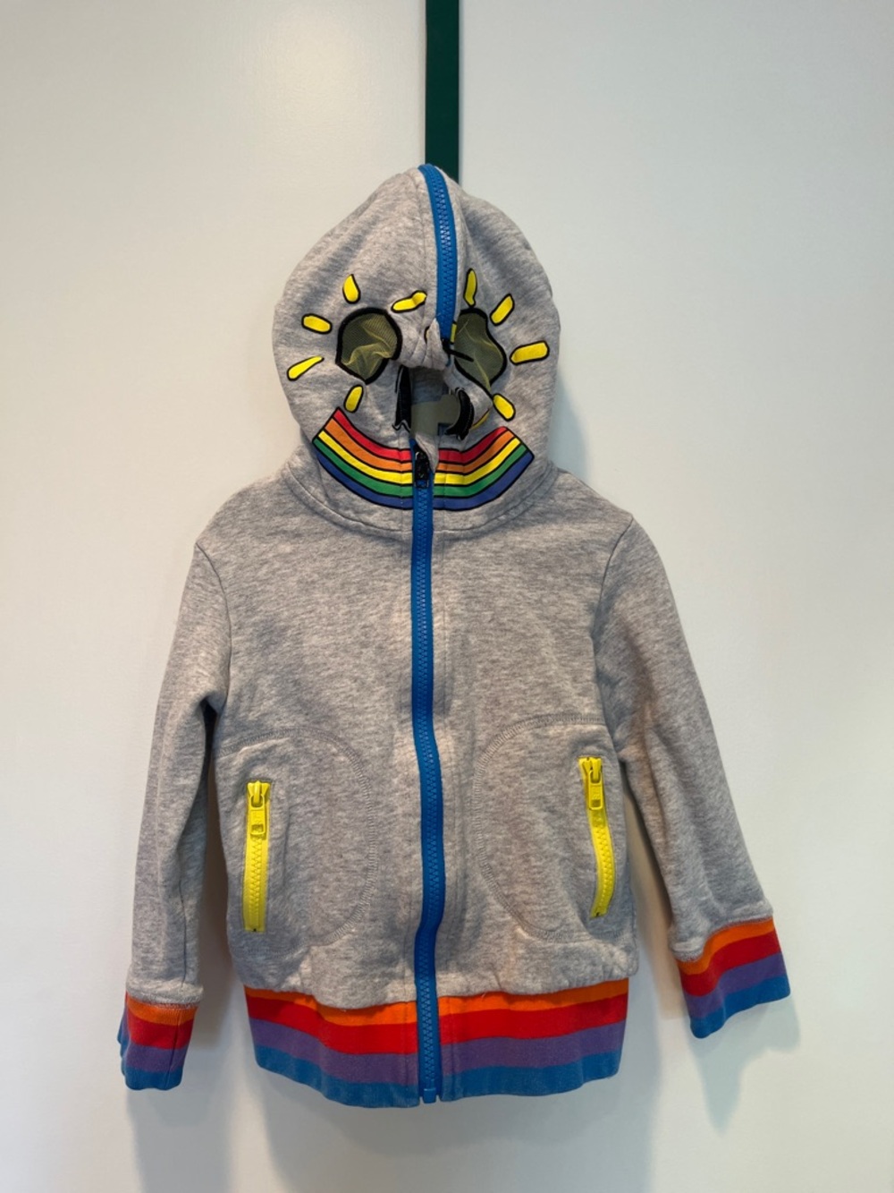 Stella McCartney Kids Grey Hoodie with Rainbow Trim and Blue Zipper